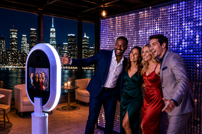 Modern AI-powered photo booth setup at a luxury USA event with stylish guests posing in front of a glowing backdrop and city skyline view.