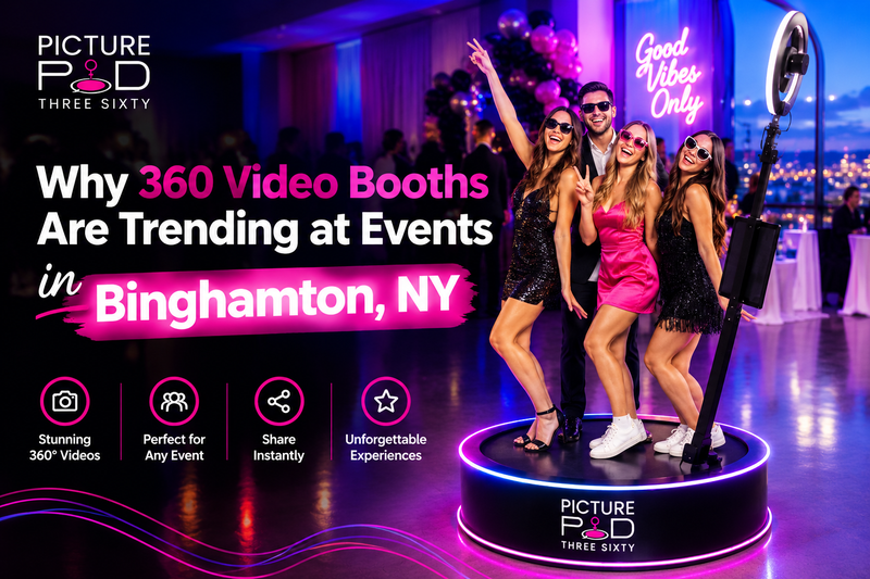 360 video booth at an event in Binghamton, NY with guests enjoying a 360-degree video experience